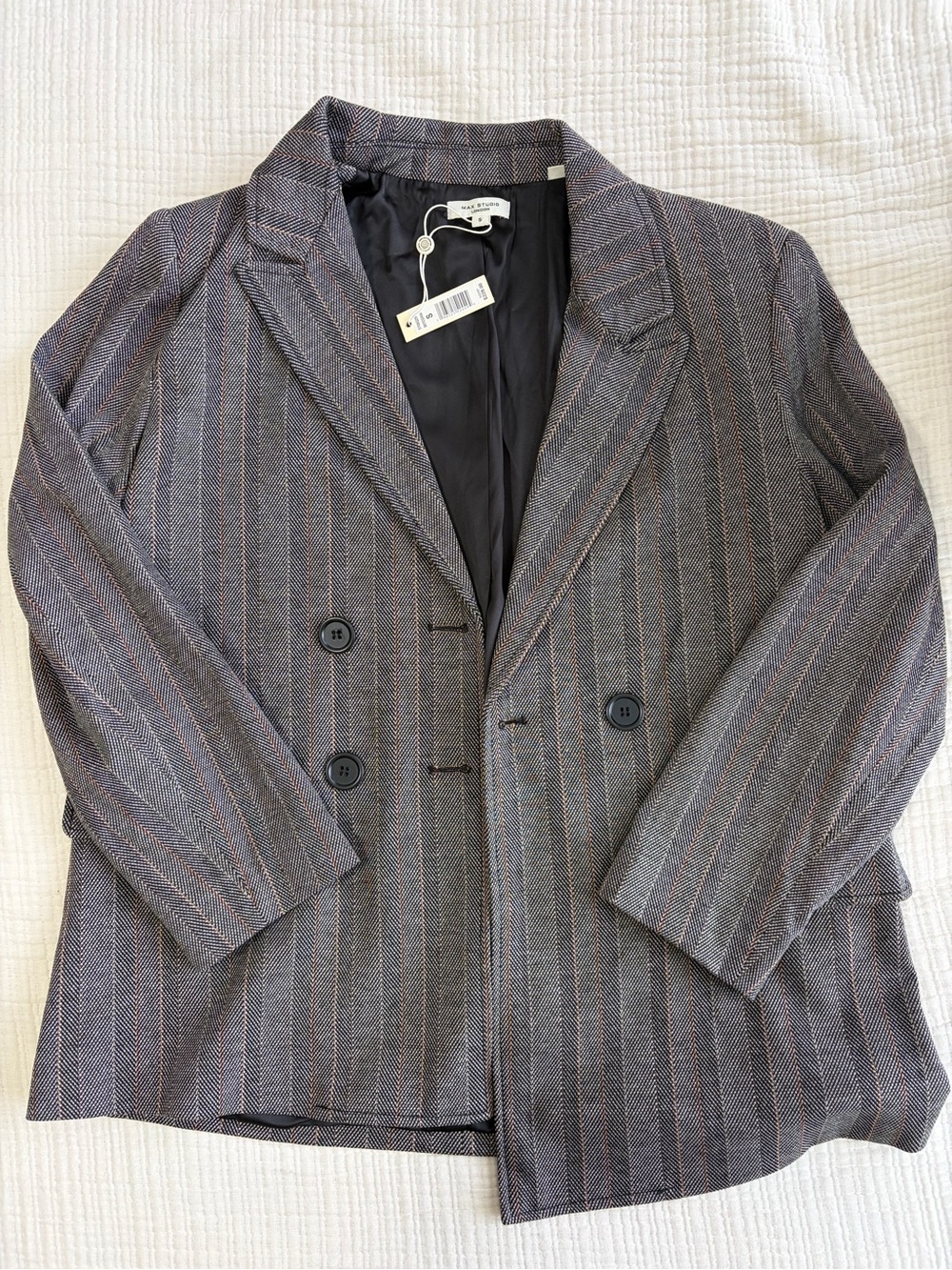 Max Studio Gray Pinstripe Double-Breasted Blazer with Brown Stripe